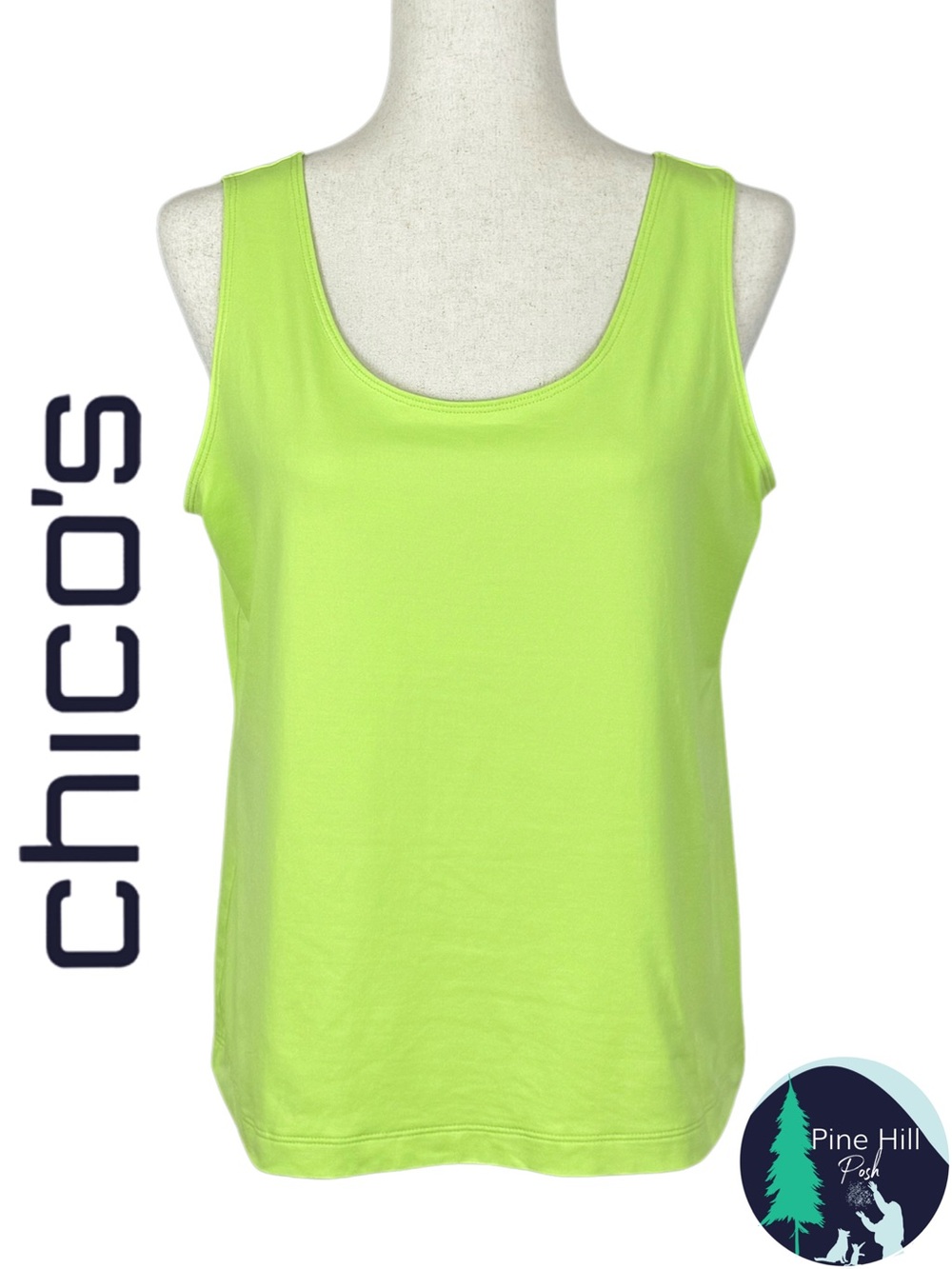Chicos Tank Top Size 2 Womens Medium 12 Lime Green Stretch Scoop Neck Sleeveless